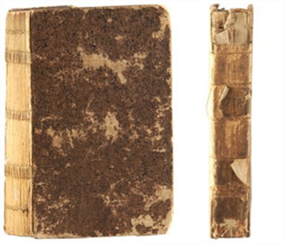 18世纪用羊皮带连接起来的德国线装书（左），1787年隐藏绳线的法国线装书（右）